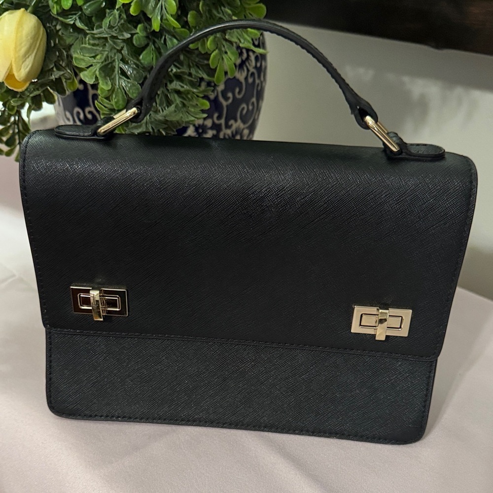 Henri Bendel Black Leather Shoulder Bag with Gold Accents School Bag - Picture 15 of 15